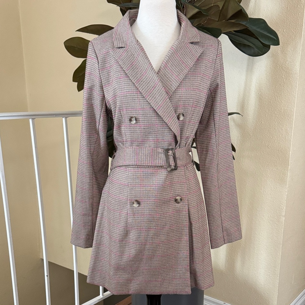 Kit & Sky Junior’s Plaid Blazer Belted Waist Brushed Woven Houndstooth Dress L